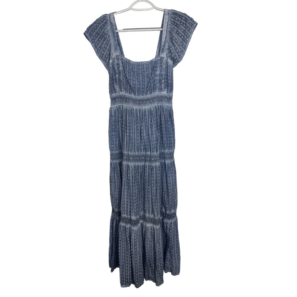 American Eagle Blue Cottage Babydoll Tiered Midi Dress Milkmaid XS Lace
